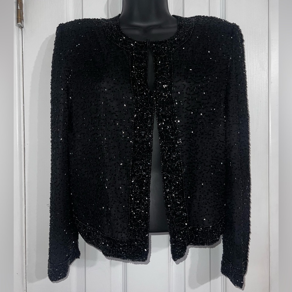 Laurence Kazar Black Silk beaded Sequin Blazer